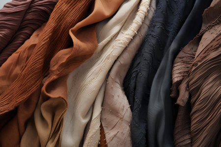 Variety of women's clothing hanging on a clothes rack. Close-up.の素材