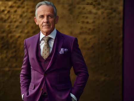 Portrait of a handsome senior man in a purple suit. Men's beauty, fashion.の素材