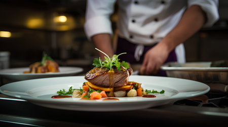 Beef tenderloin with vegetables on a white plate in a restaurantの素材