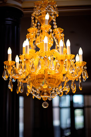 Beautiful luxury crystal chandelier in the interior of the roomの素材