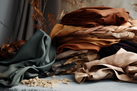 Pile of autumn clothes on gray background. Fall fashion concept.の素材