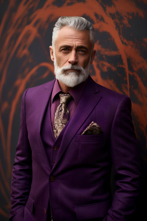 Portrait of a handsome mature man in a purple suit. Men's beauty, fashion.の素材