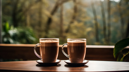 Two cups of hot latte coffee on wooden table with nature backgroundの素材
