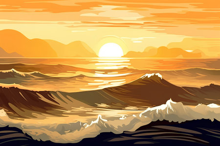 Seascape with mountains and sea at sunset. Vector illustration.の素材
