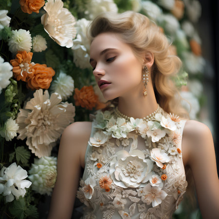 Beautiful young woman in a luxurious white dress posing among flowers. Beauty, fashion.の素材