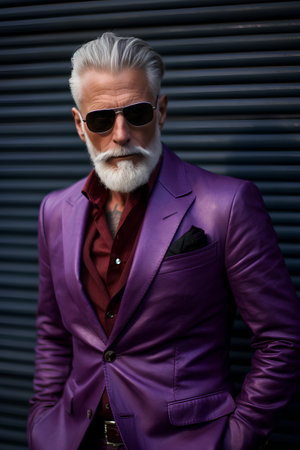 Portrait of a handsome senior man with gray beard wearing a purple suit and sunglasses, standing outdoors. Men's beauty, fashion.の素材