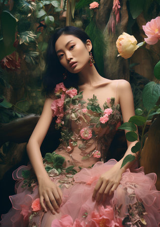 Fashion shot of a beautiful young asian woman in a floral dress.の素材