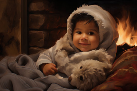 Little girl in a blanket with a teddy bear in the fireplaceの素材