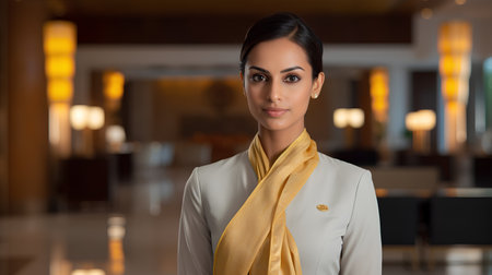 Portrait of a beautiful young woman in a white suit and yellow scarfの素材