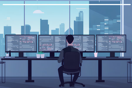 Programmer working in modern office. Programmer coding on computer screens. Vector illustrationの素材