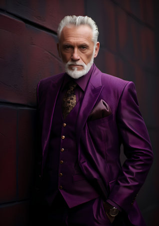 Portrait of a handsome senior man in a purple suit. Men's beauty, fashion.の素材