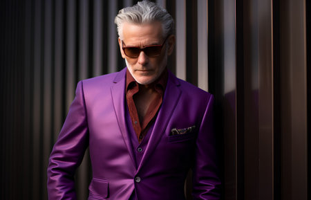 Portrait of a handsome senior man wearing purple suit and sunglasses.の素材