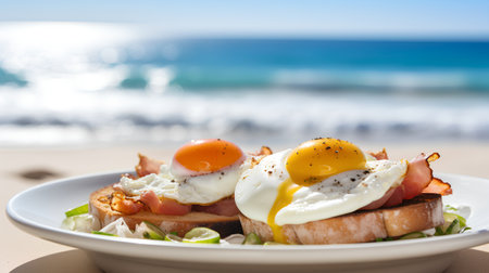 Fried eggs with bacon and vegetables on a white plate on the beachの素材