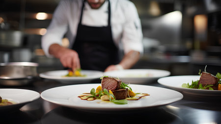 Chef decorating a dish in the kitchen of a restaurant.の素材