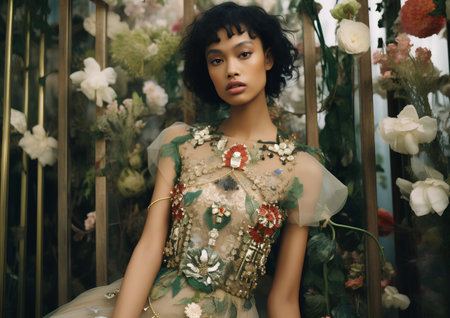 young pretty african american woman in fashion dress with flowers indoorの素材