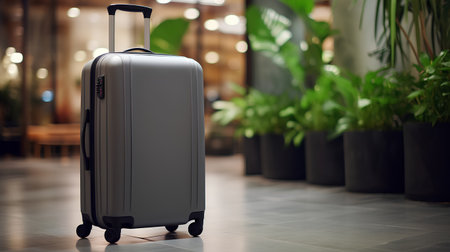 Travel suitcase in the lobby of a hotel. 3d rendering.の素材