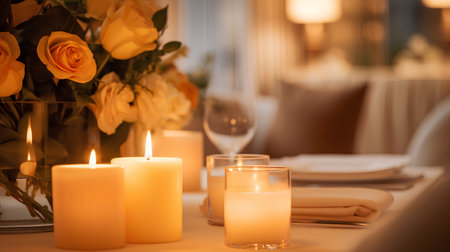 Romantic table setting with candles and flowers. Selective focus.の素材