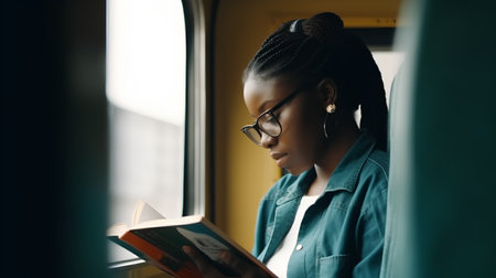 Young african american woman in eyeglasses reading book while traveling by trainの素材