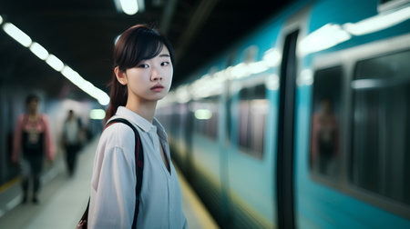 young asian woman waiting for train in subway station, lifestyle people conceptの素材