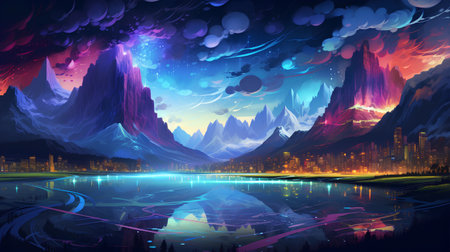 Fantasy landscape with mountains, lake and city at night. Vector illustrationの素材