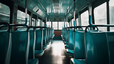 Interior of a public transport bus with empty seats, tonedの素材