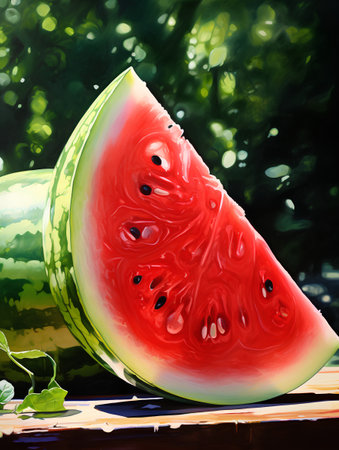 Watermelon on a wooden table. Watermelon background. Vector illustration.の素材