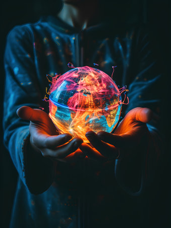 Man holding a glowing globe in his hands. The concept of global communications.の素材