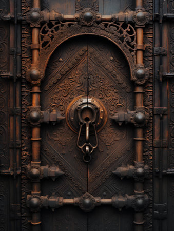 Old wooden door with metal door handle. 3d render illustration.の素材