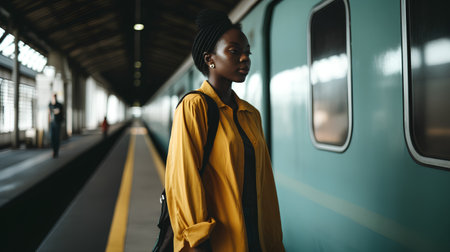 stylish african american woman in yellow raincoat standing at train stationの素材