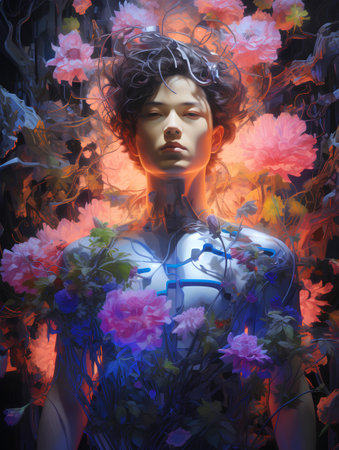 3D rendering of a beautiful girl with flowers in her hair.の素材