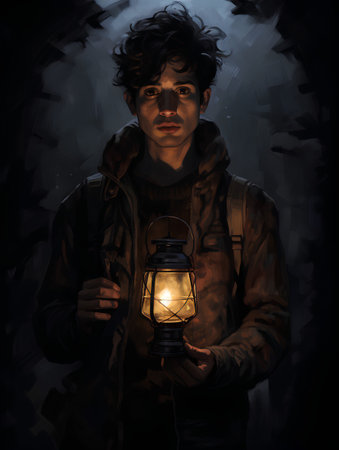 Handsome young man with a lantern in his hands on a dark backgroundの素材