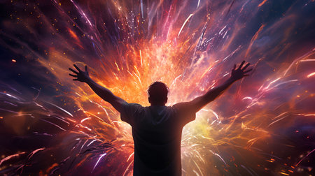 Silhouette of a man with his hands up in front of a fireworksの素材