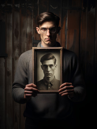 Portrait of a handsome young man in glasses with a picture in his hands.の素材