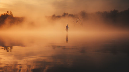 Foggy morning on the lake. Silhouette of a man standing in the water.の素材