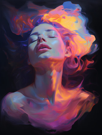 Portrait of a beautiful young woman with colorful smoke on her face.の素材