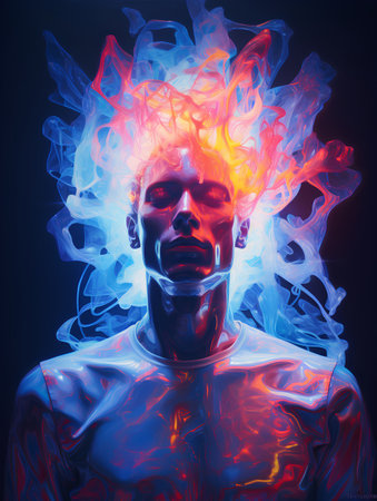 3D rendering of a male cyborg with colorful smoke in his headの素材