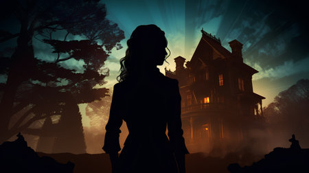 Silhouette of a woman standing in front of a haunted houseの素材