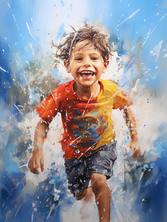Portrait of a happy little boy running in the rain, watercolor paintingの素材