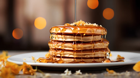 Pancakes with honey on a plate on a dark background.の素材