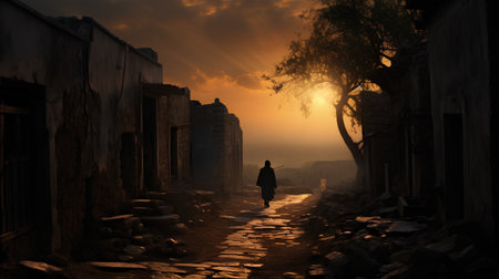 Mystical scene with a silhouette of a man walking through a village at sunsetの素材