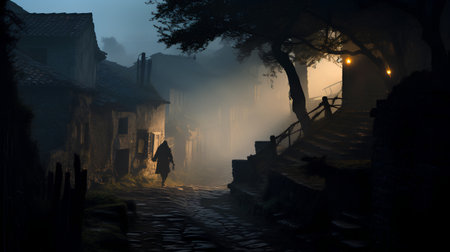 Mystical foggy alley in the old town. 3D renderingの素材