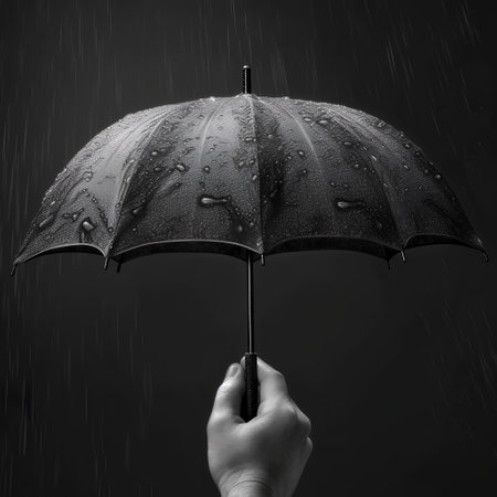 Black and white image of hand holding umbrella under rain on dark backgroundの素材