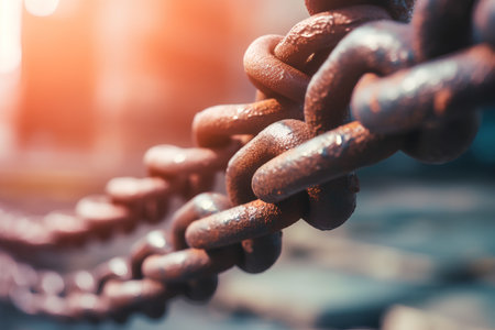 Rusty chain background. Selective focus with shallow depth of field.の素材