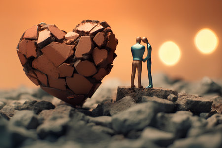 Conceptual image of broken heart with a miniature man standing in the middleの素材