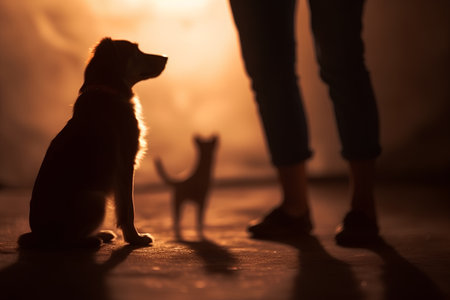 Silhouette of a dog and a woman's legs on a dark backgroundの素材