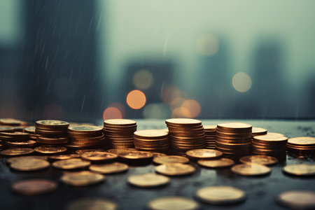 Coins stack with rain and cityscape background, business and finance concept idea.の素材