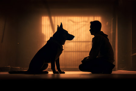 Silhouette of a man and his dog in a dark roomの素材