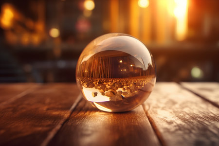 Glass ball on wooden table with bokeh lights in the backgroundの素材