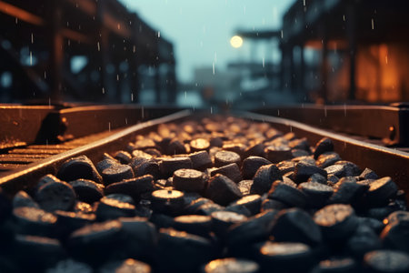 Railway tracks in the rain, close-up shot. Selective focus.の素材