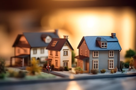 Miniature model of a house on digital tablet, real estate conceptの素材